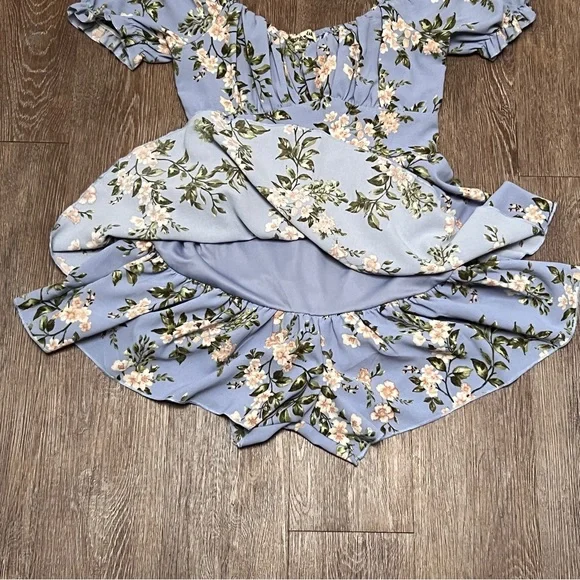 Inspired Hearts Floral Romper Blue Puff Sleeve Square Neck Ruffle | Size: Med - Picture 2 of 7